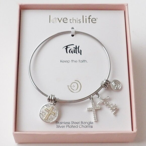 LoveThisLife KEEP THE FAITH Expandable Bangle Charm Bracelet Stainless Steel NIB - Picture 2 of 5